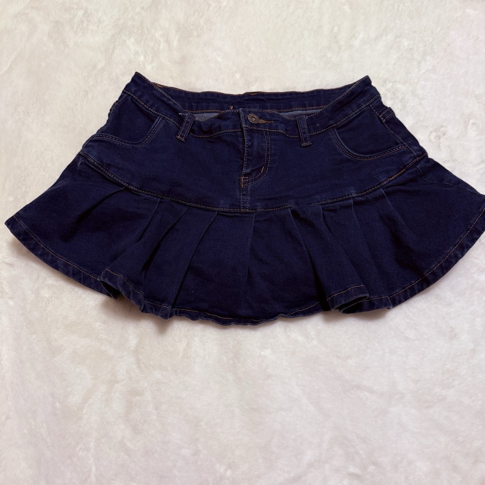 Blue Denim Mini Skirt with Ruffled Hem and Built-In Shorts Size Medium